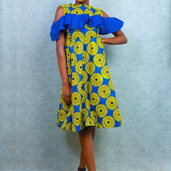 blue yellow fancy collar knee length dress african print ngounbang - Picture 5 of 5